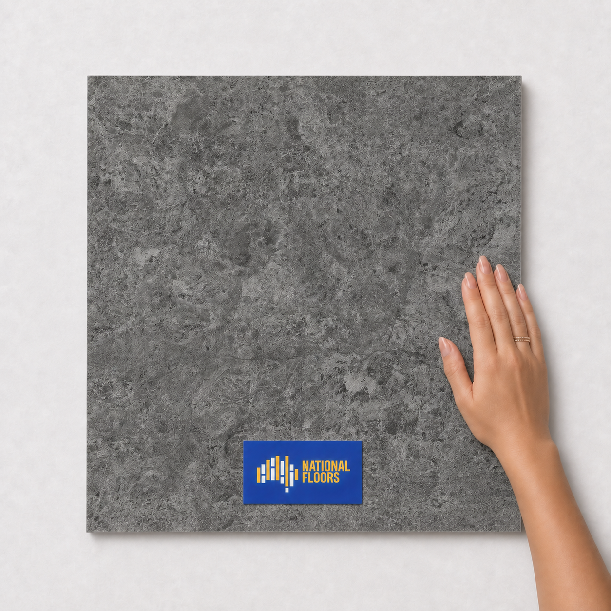 Charred Grey Tiles Flooring (TM62) - hand scale and National Floors card