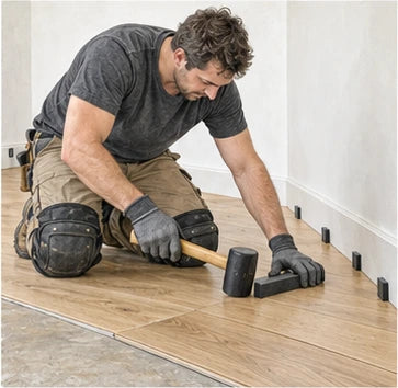 Realistic sketch illustration of a flooring installer working carefully with the correct tools