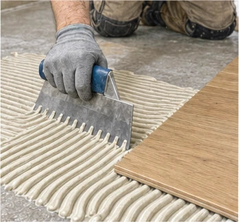 Sketch illustration of a notched trowel and adhesive for glue-down flooring