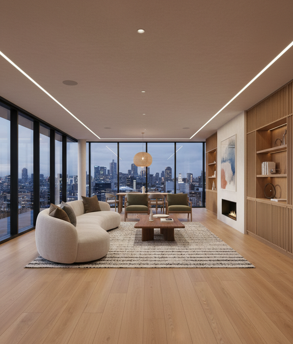 Luxury apartment in Melbourne City, modern interior design featuring 10mm hybrid floorboards
