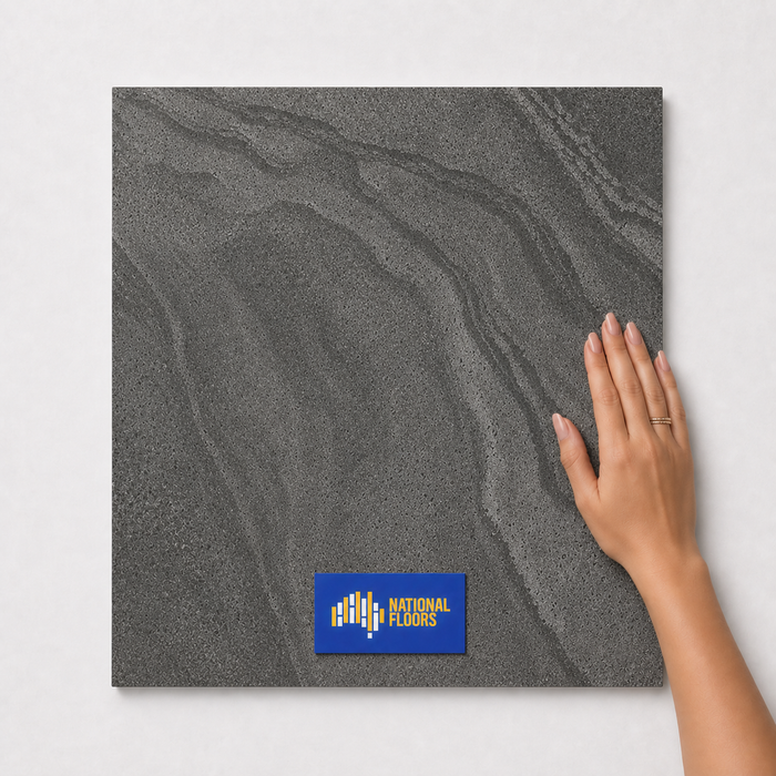 Obsidian Ritual TK8 600x600 tile with hand scale and National Floors card
