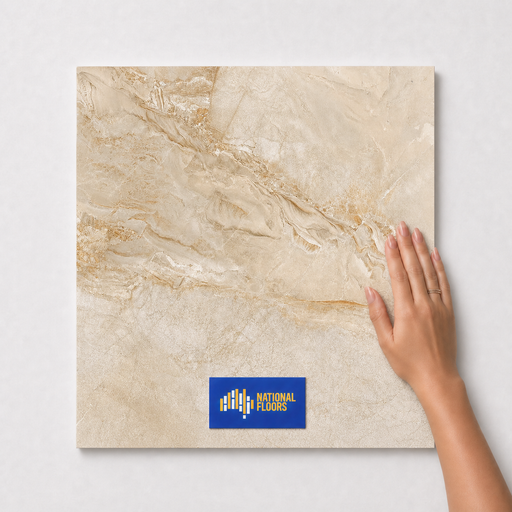 Ivory Veil Travertine TK11 600x600 tile with hand scale and National Floors card