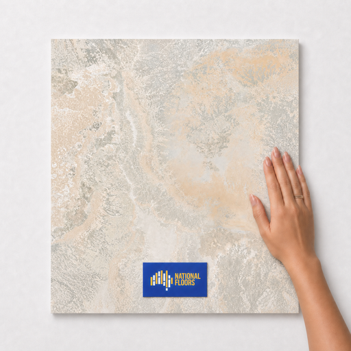 Lunar Hollow TK9 600x600 tile with hand scale and National Floors card
