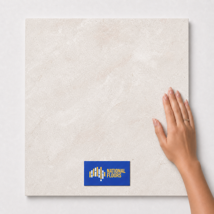 Kashmir Veil TK20 600x600 tile with hand scale and National Floors card