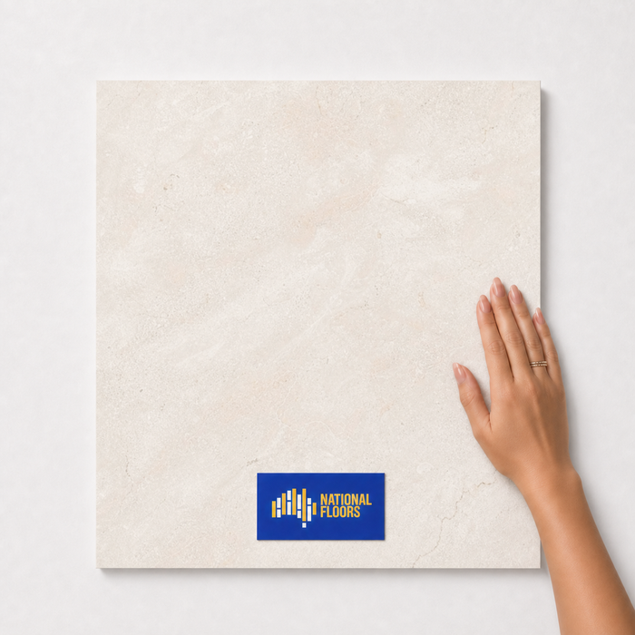 Kashmir Ivory TK19 600x600 tile with hand scale and National Floors card