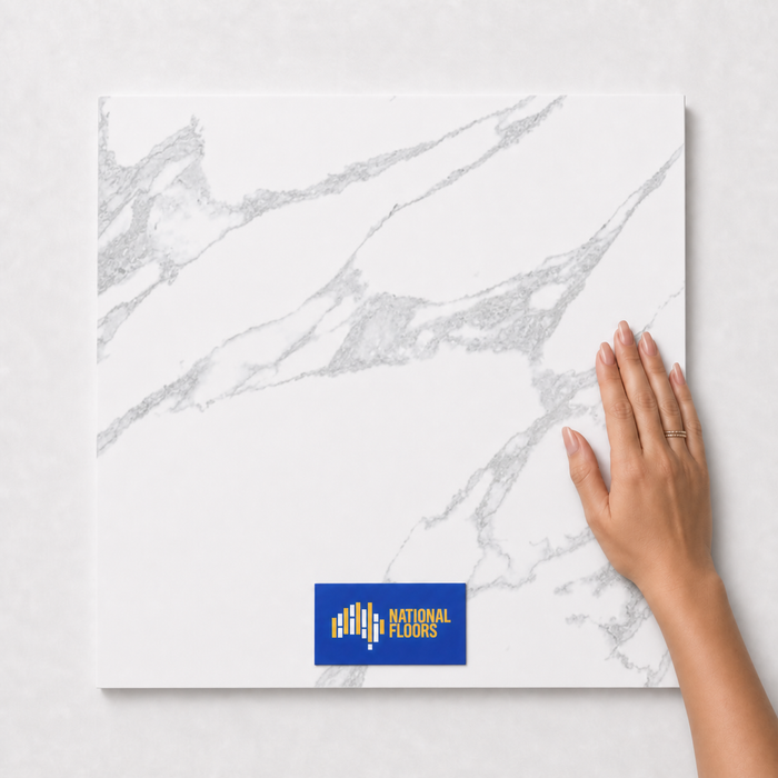 Glacier Luster TK33 600x600 tile with hand scale and National Floors card