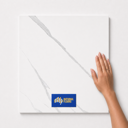Statuario Elite TK37 600x600 tile with hand scale and National Floors card