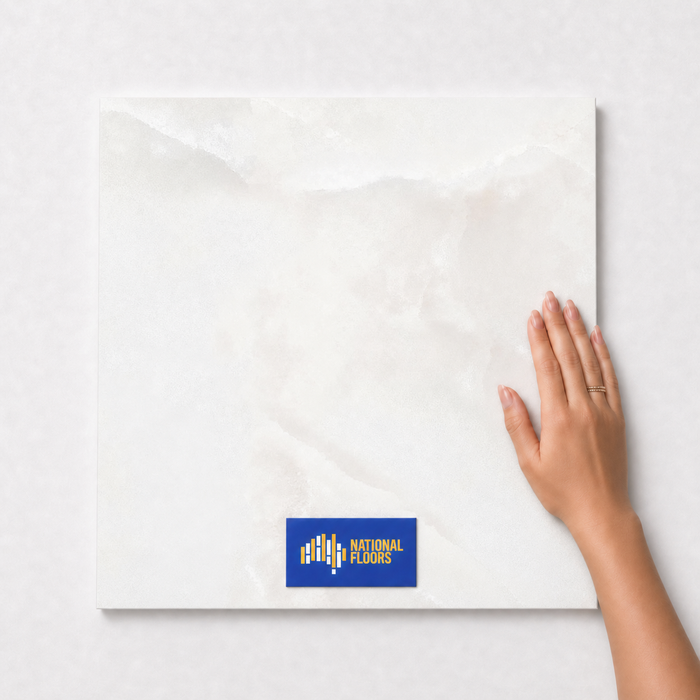Pearl Onyx TK16 600x600 tile with hand scale and National Floors card