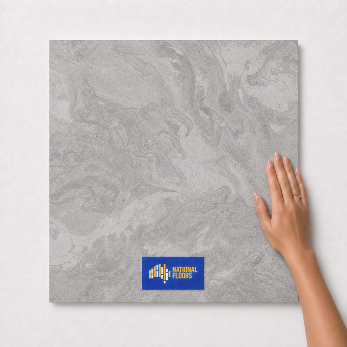 Nebula Slate TK34 600x600 tile with hand scale and National Floors card