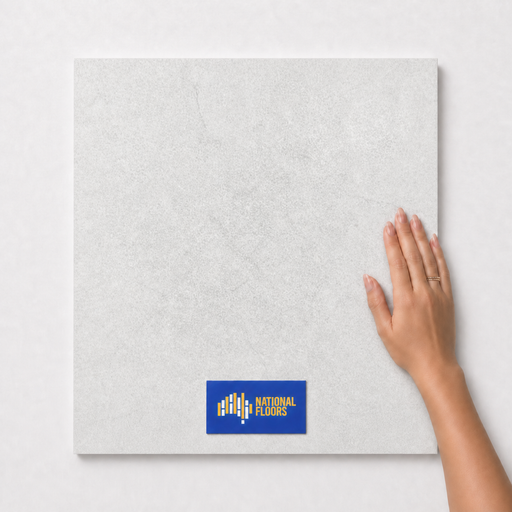 Ivory Wraith TFD5 600x600 tile with hand scale and National Floors card