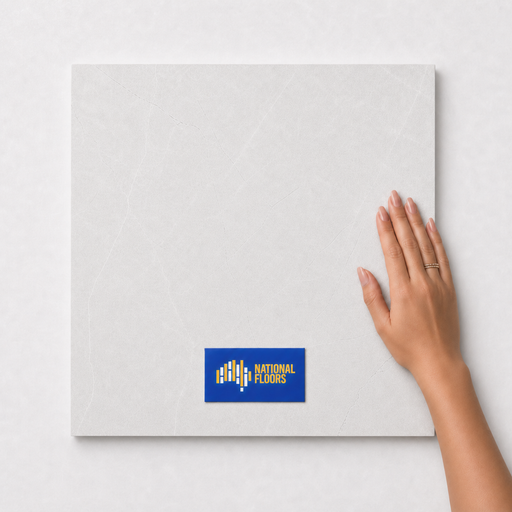 Off-White TM1 600x600 tile with hand scale and National Floors card