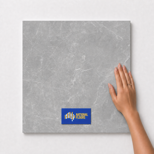 Silver Grey TM15 600x600 tile with hand scale and National Floors card