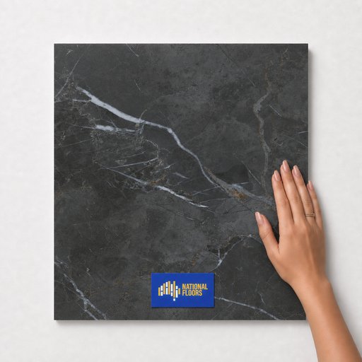 Midnight Grey TM16 600x600 tile with hand scale and National Floors card