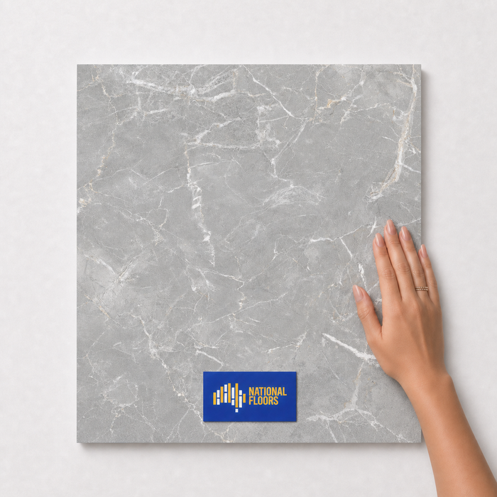 Mist TM20 600x600 tile with hand scale and National Floors card