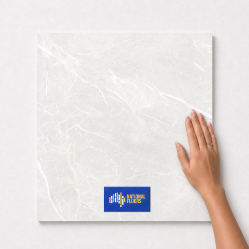 Pure White TM22 600x600 tile with hand scale and National Floors card