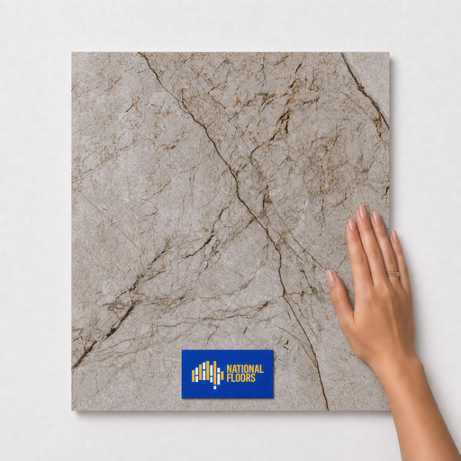 Nude TM45 600x600 tile with hand scale and National Floors card