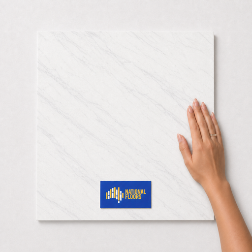 Milk White TM48 600x600 tile with hand scale and National Floors card