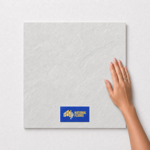 Soft Cream TM52 600x600 tile with hand scale and National Floors card