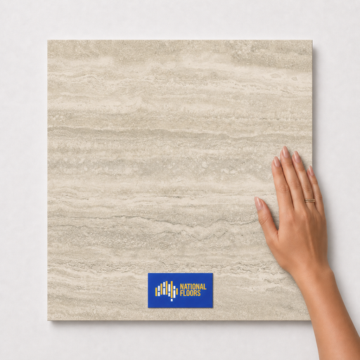 Linen TM58 600x600 tile with hand scale and National Floors card