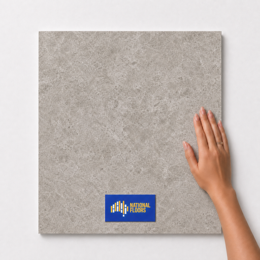 Pale Sand TM61 600x600 tile with hand scale and National Floors card