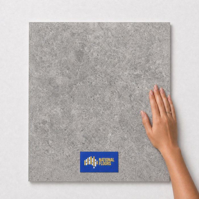 Dust Grey TM65 600x600 tile with hand scale and National Floors card
