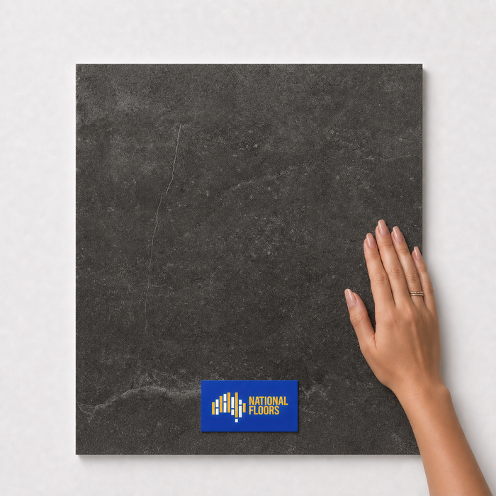 Mocha TM67 600x600 tile with hand scale and National Floors card