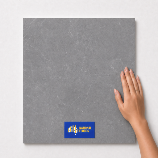 Storm Grey TM11 600x600 tile with hand scale and National Floors card