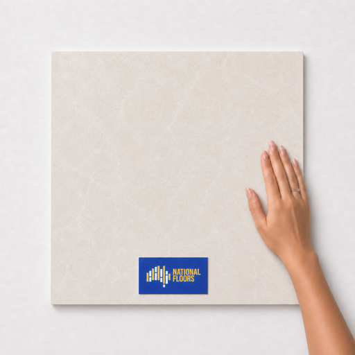 Tan TM5 600x600 tile with hand scale and National Floors card