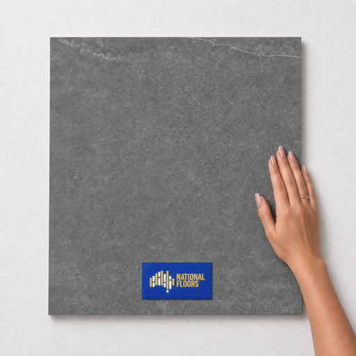 Thunder Grey TM66 600x600 tile with hand scale and National Floors card