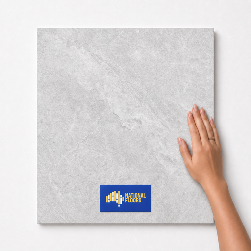 Urban Grey TM73 600x600 tile with hand scale and National Floors card