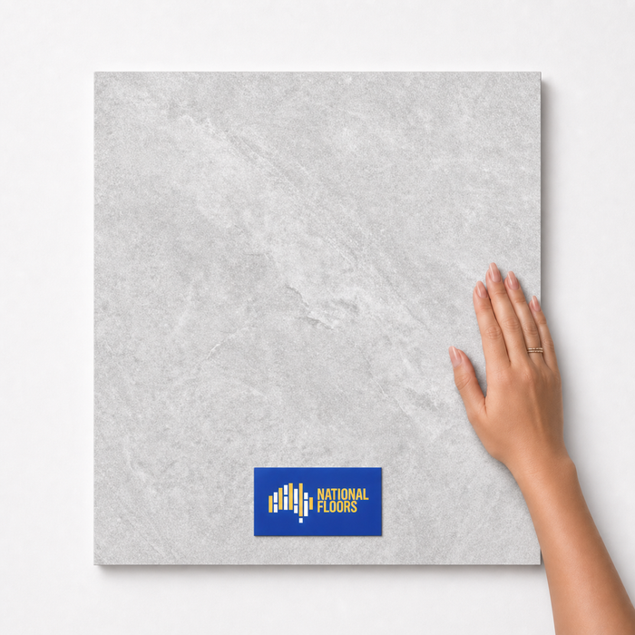 Urban Grey TM73 600x600 tile with hand scale and National Floors card