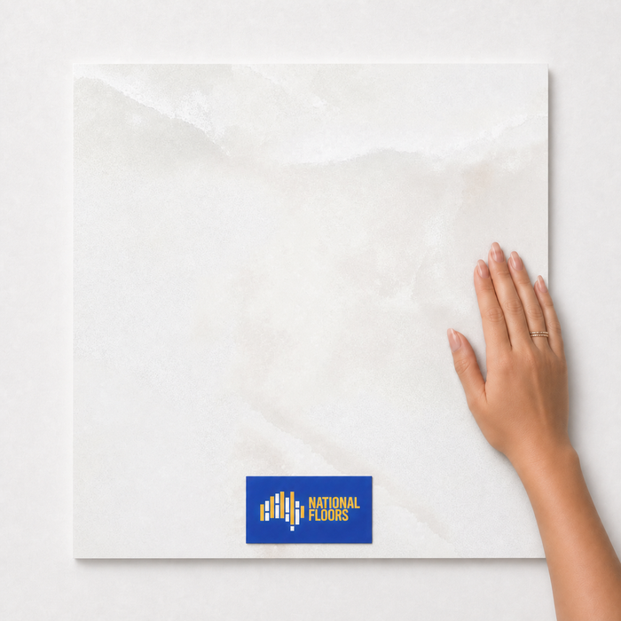 Veneto Ivory TK13 600x600 tile with hand scale and National Floors card