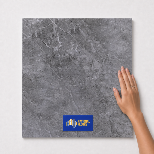 Ashen Grey Tiles Flooring (TM42) - hand scale and National Floors card