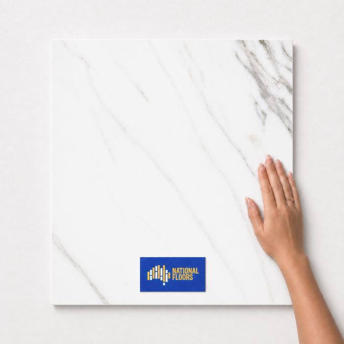 Carrara Polish 10mm Tiles Flooring (TK54) - hand scale and National Floors card