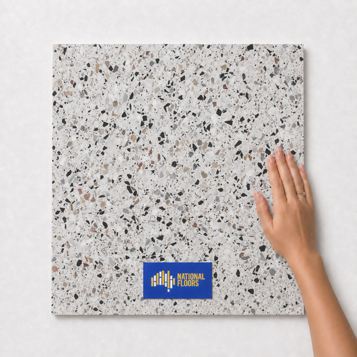 Clean White  Tiles Flooring (TM76) - hand scale and National Floors card