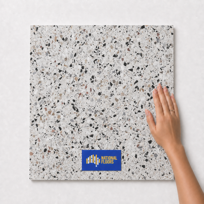 Clean White  Tiles Flooring (TM76) - hand scale and National Floors card