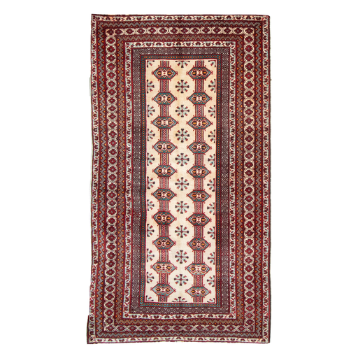 Antique Turkoman rug, original label 339 — complete 105 × 190 cm rug, all edges visible.