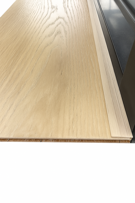 Installed L Trim beside floorboards and aluminium sliding door frame
