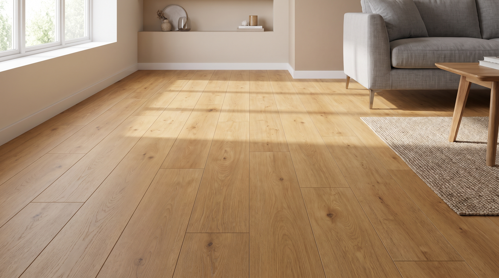 Umber 9.7mm Hybrid Flooring — sunny day lighting gallery base, Melbourne living room in natural daylight