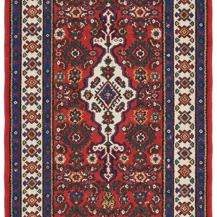 Hussanabad Handmade Runner — 104 × 280 cm (Label 180) — close crop from its refreshed studio visualisation.
