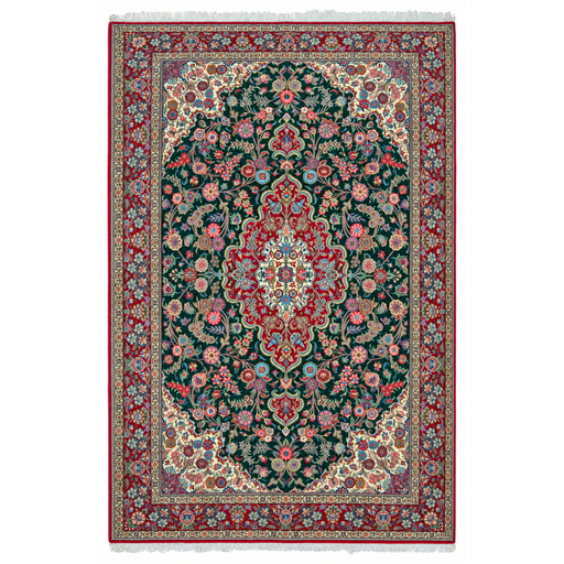 Green Qum Handmade Rug — 200 × 300 cm (Label 210) — complete rug on a square white canvas, including every edge and fringe, from its refreshed studio visualisation.