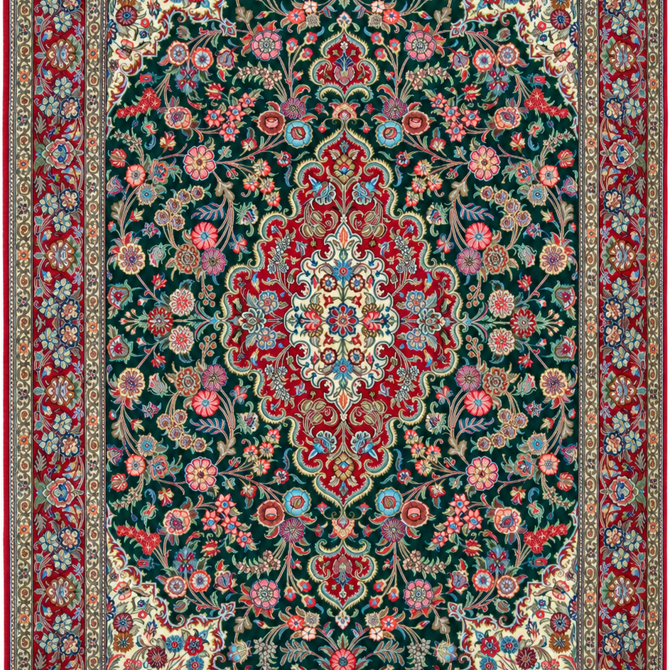 Green Qum Handmade Rug — 200 × 300 cm (Label 210) — close crop from its refreshed studio visualisation.