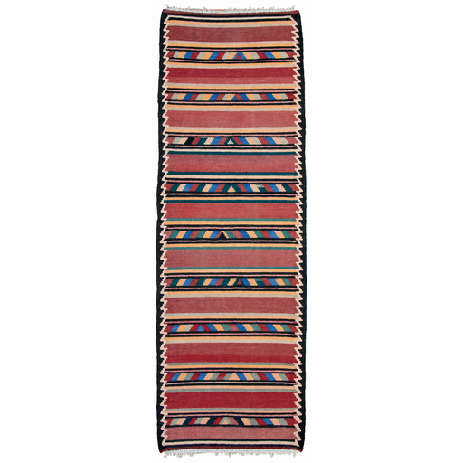 Old Killim Handmade Runner — 120 × 380 cm (Label 601) — complete rug on a square white canvas, including every edge and fringe, from its refreshed studio visualisation.