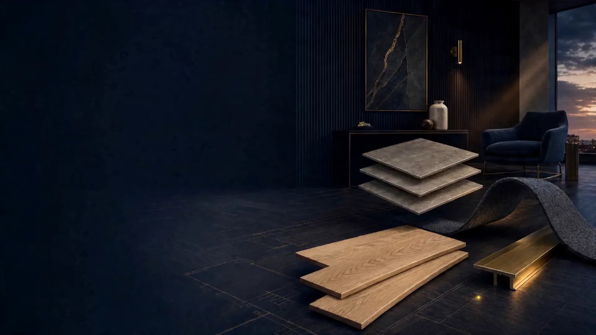 Flooring and tile materials prepared for a considered interior project