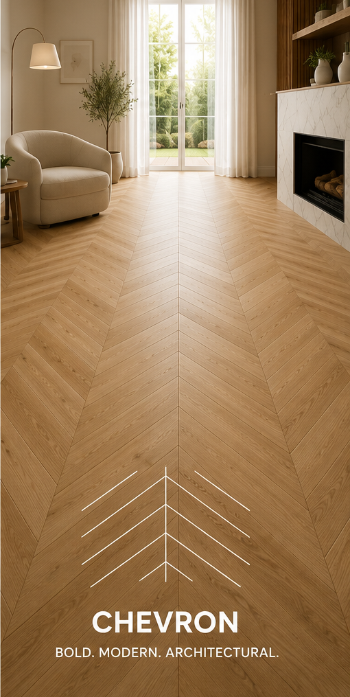 Light-filled living room with chevron flooring