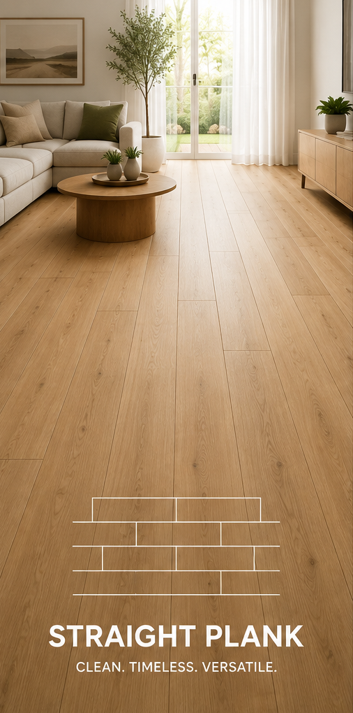Light-filled living room with straight plank flooring