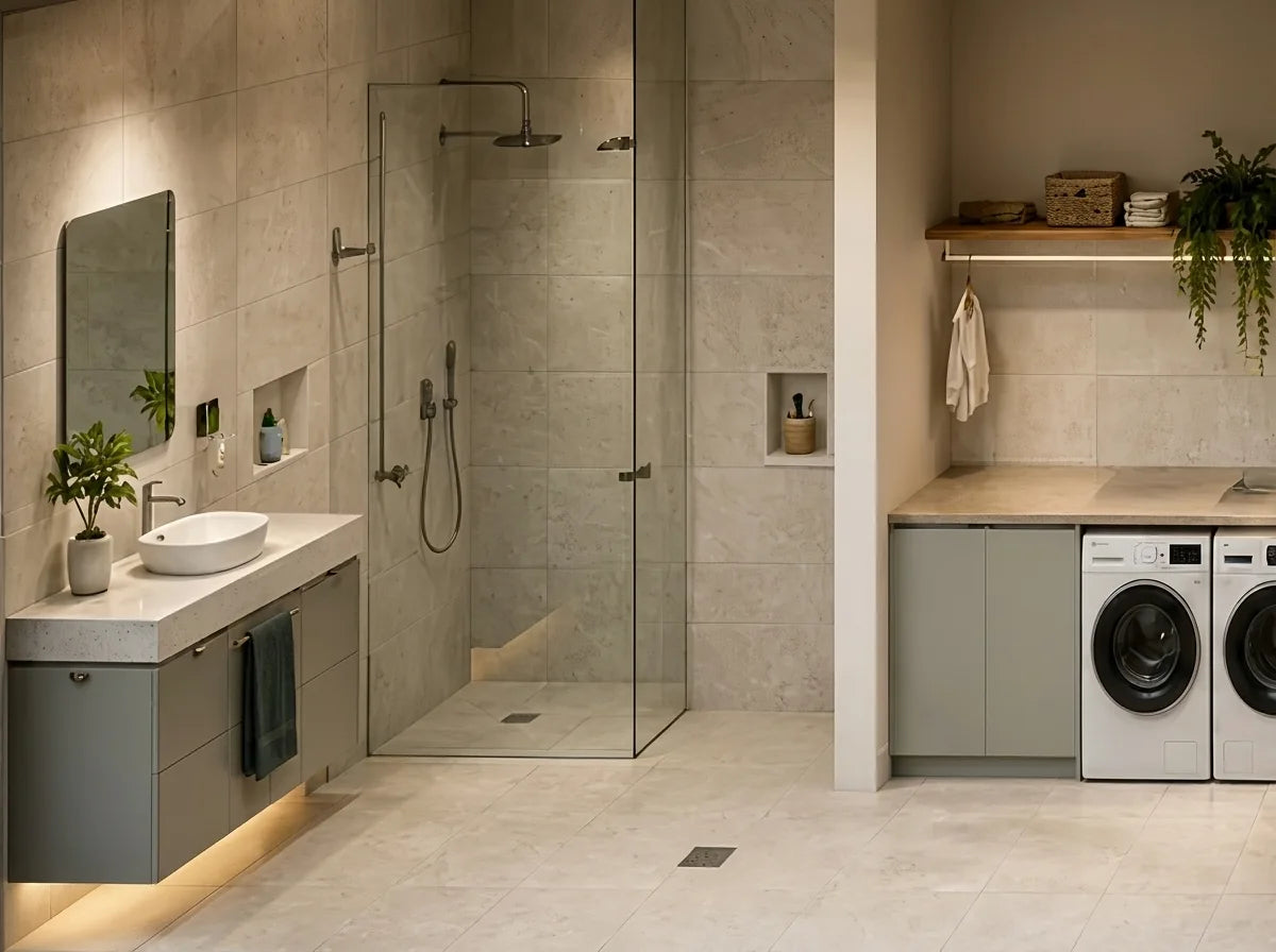 Calm contemporary bathroom and laundry with large-format stone-look tiles