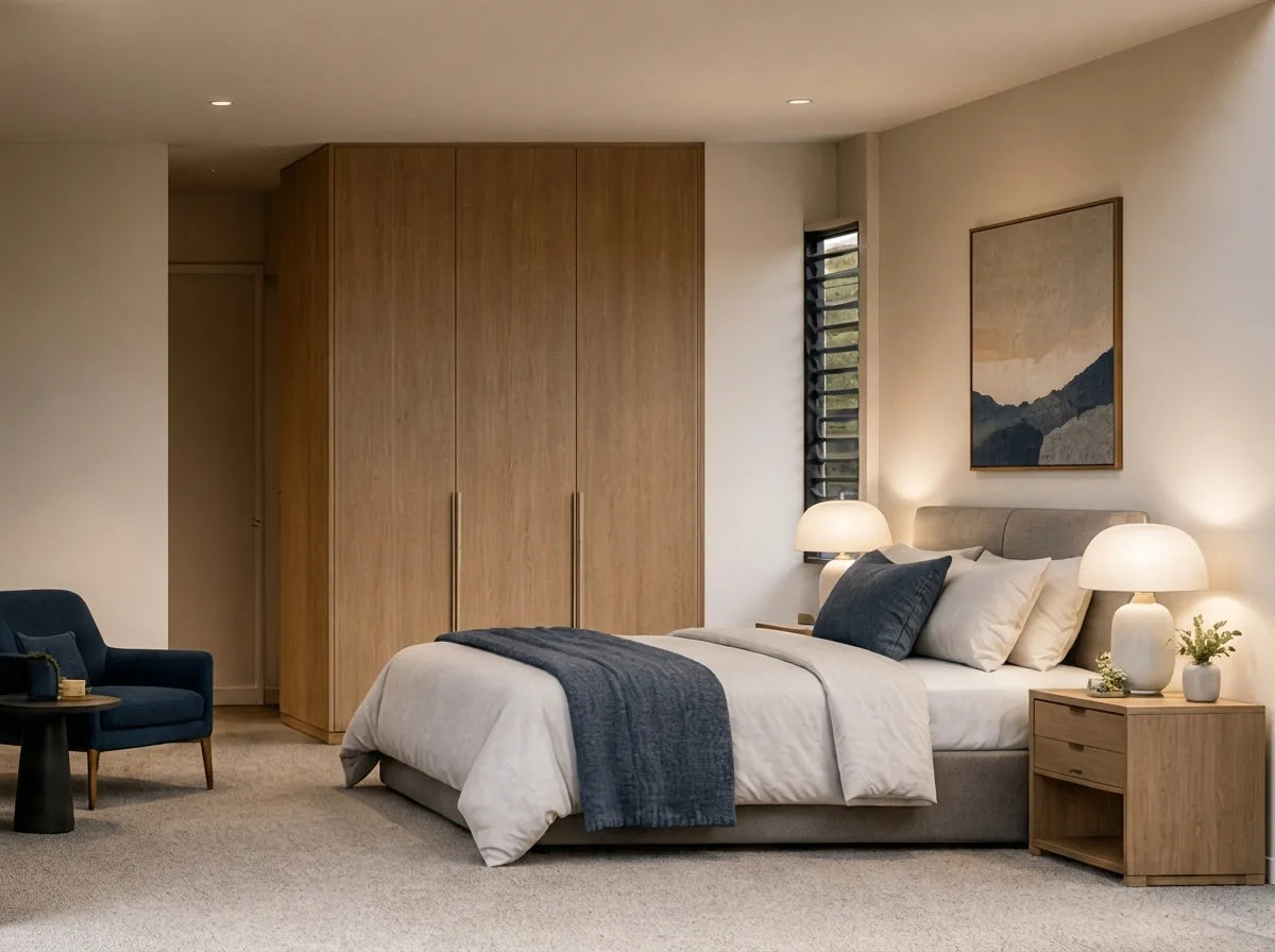 Warm contemporary bedroom with soft carpet, layered lighting and natural timber cabinetry