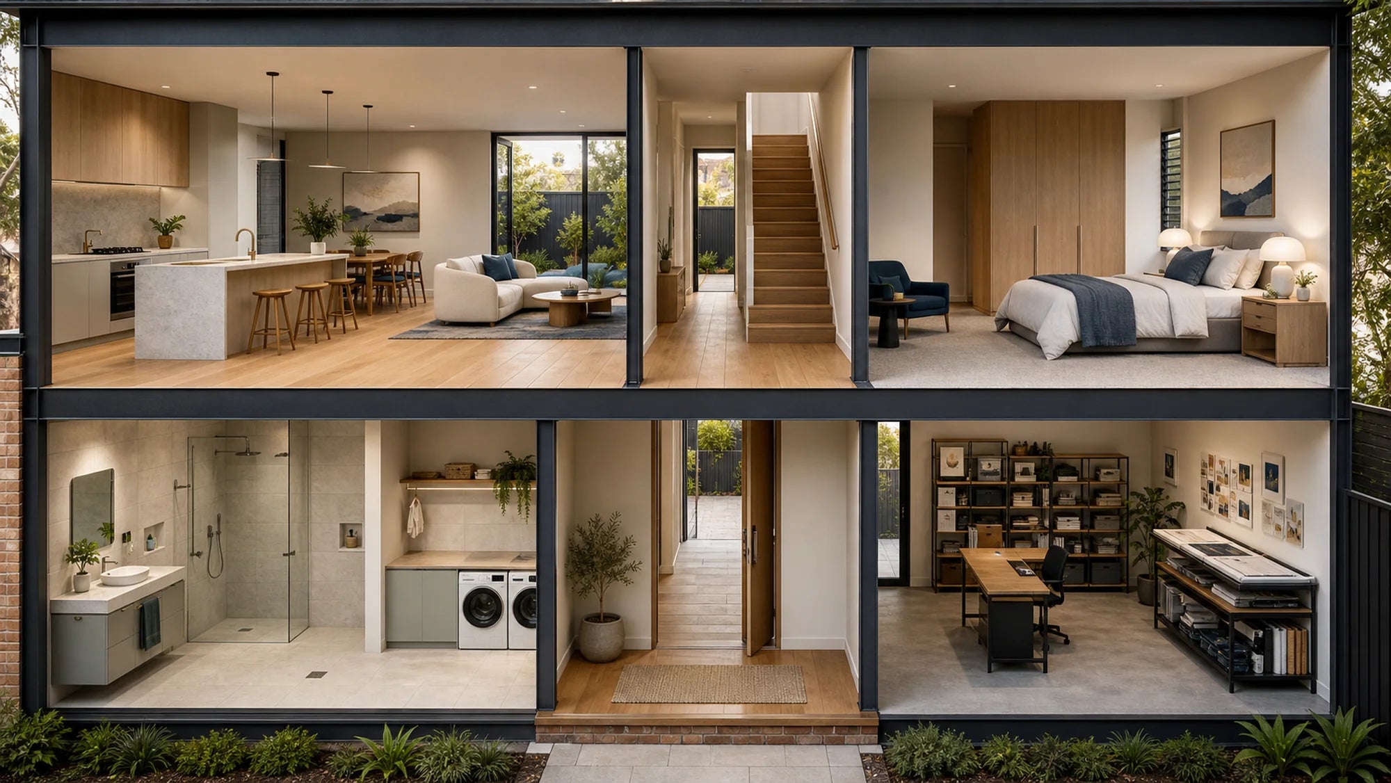Connected Melbourne home showing flooring rules across kitchens, wet areas, bedrooms, stairs and work spaces