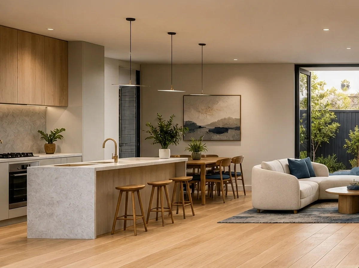 Warm contemporary kitchen and open living room with natural oak floorboards